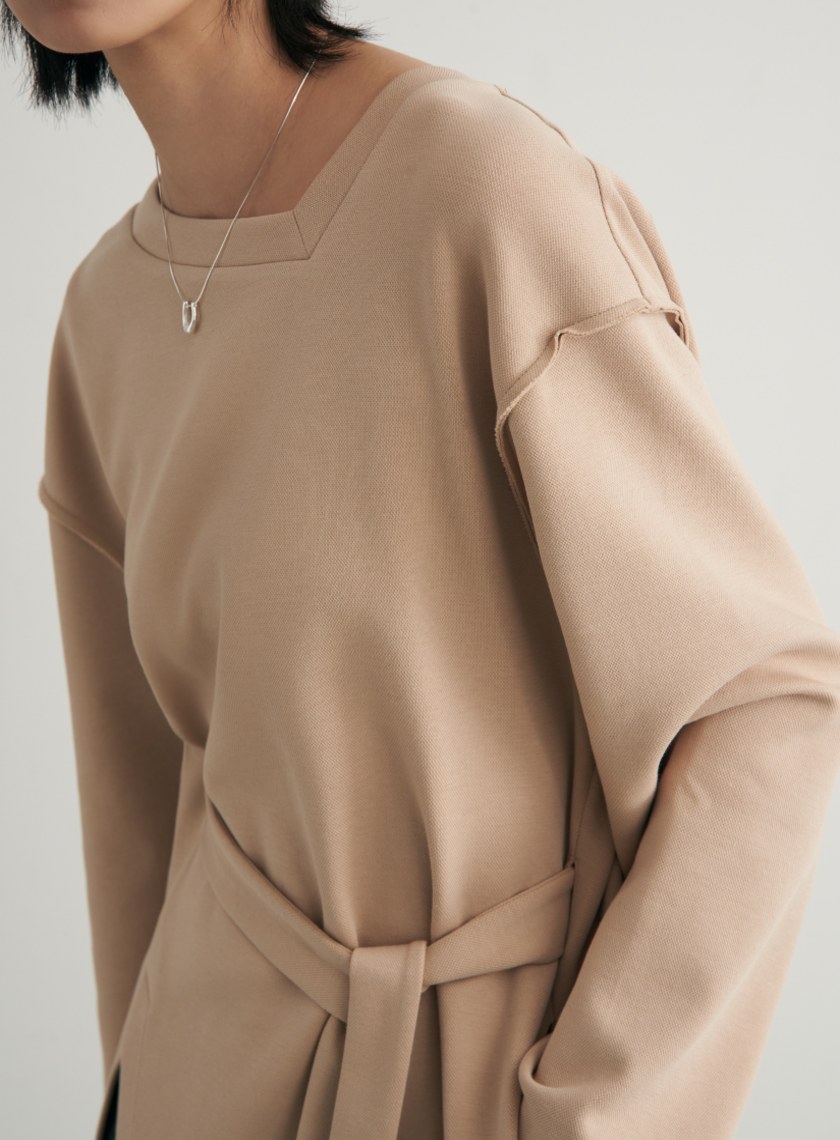 不規則剪裁腰帶長版衛衣